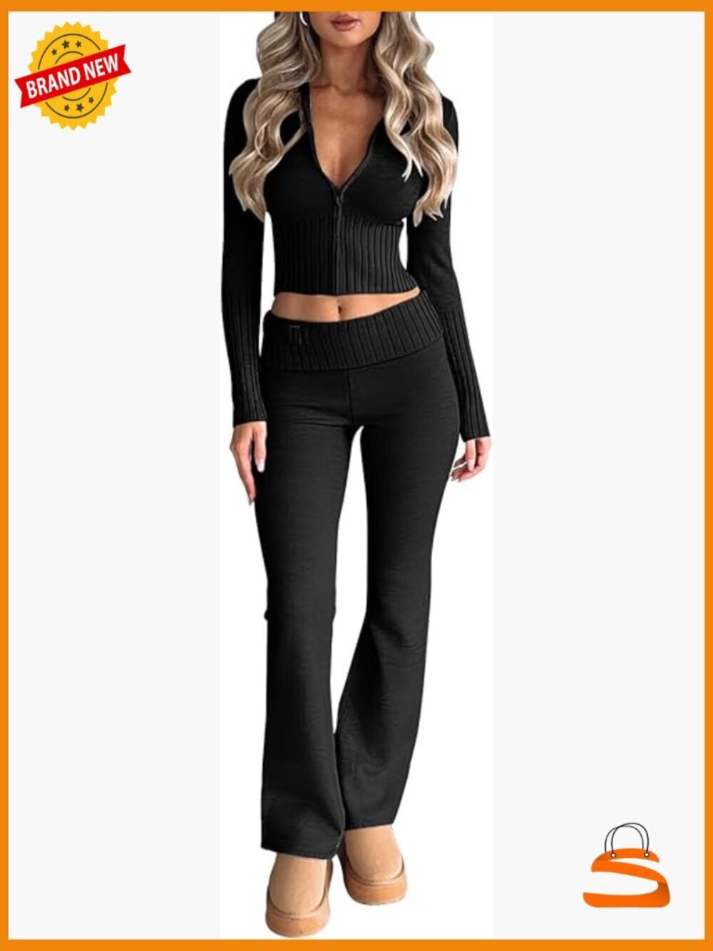 2 Piece Knit Set Zip Up Hoodie Flare Leg Pants Sweatsuit Stretchy